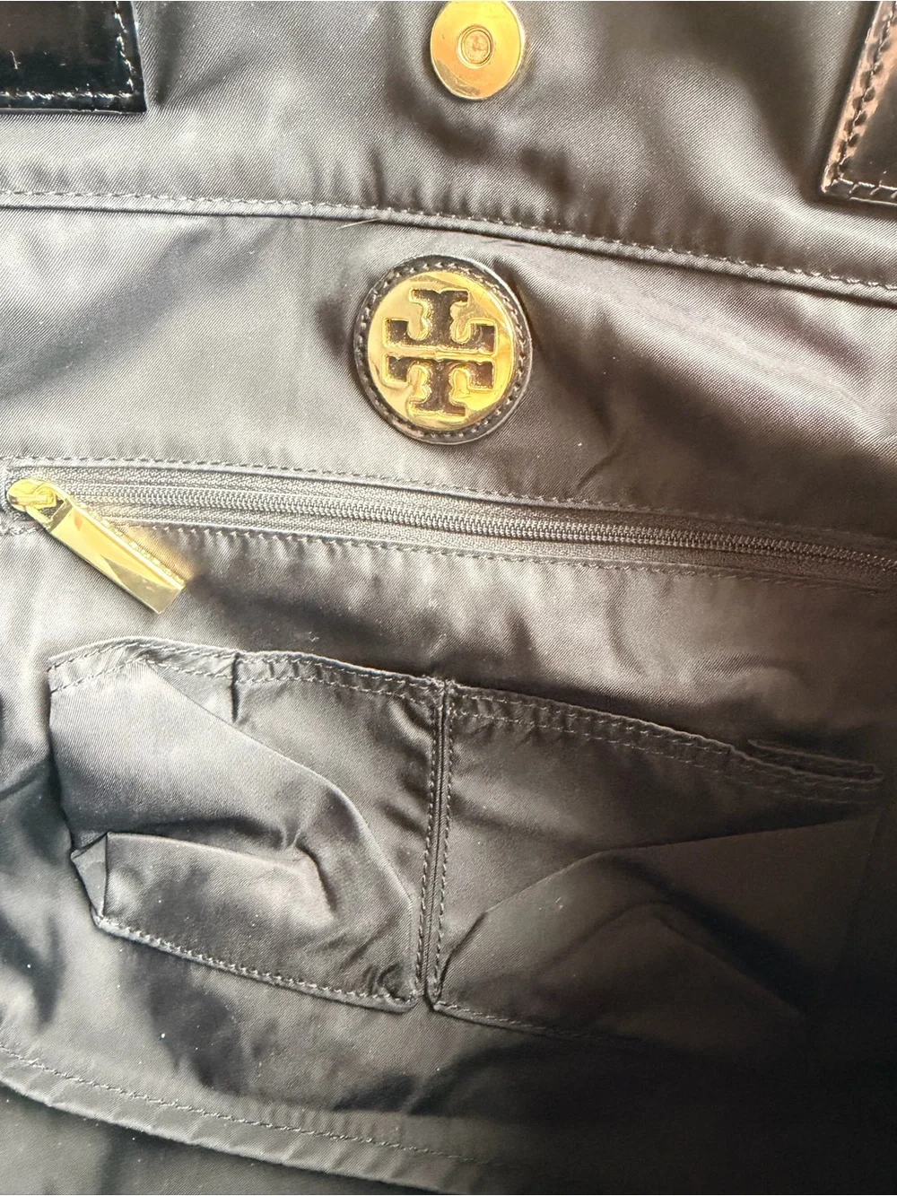 Tory Burch Black Nylon Ella Tote Bag with Patent Leather Logo